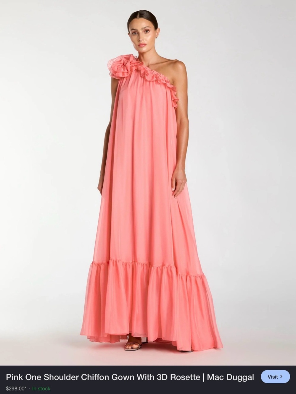 Mac Duggal Pink One Shoulder Chiffon Gown With 3D
Rosette